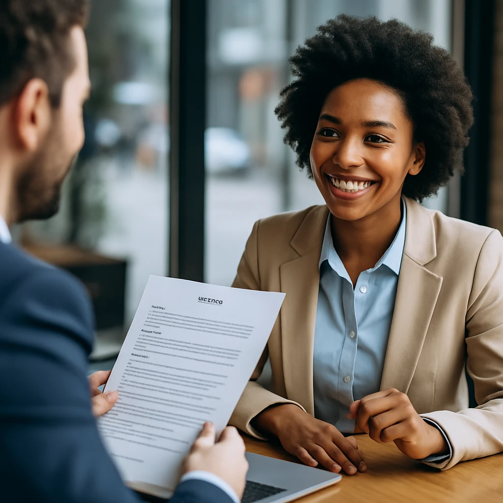 woman sitting being interviewed by a man